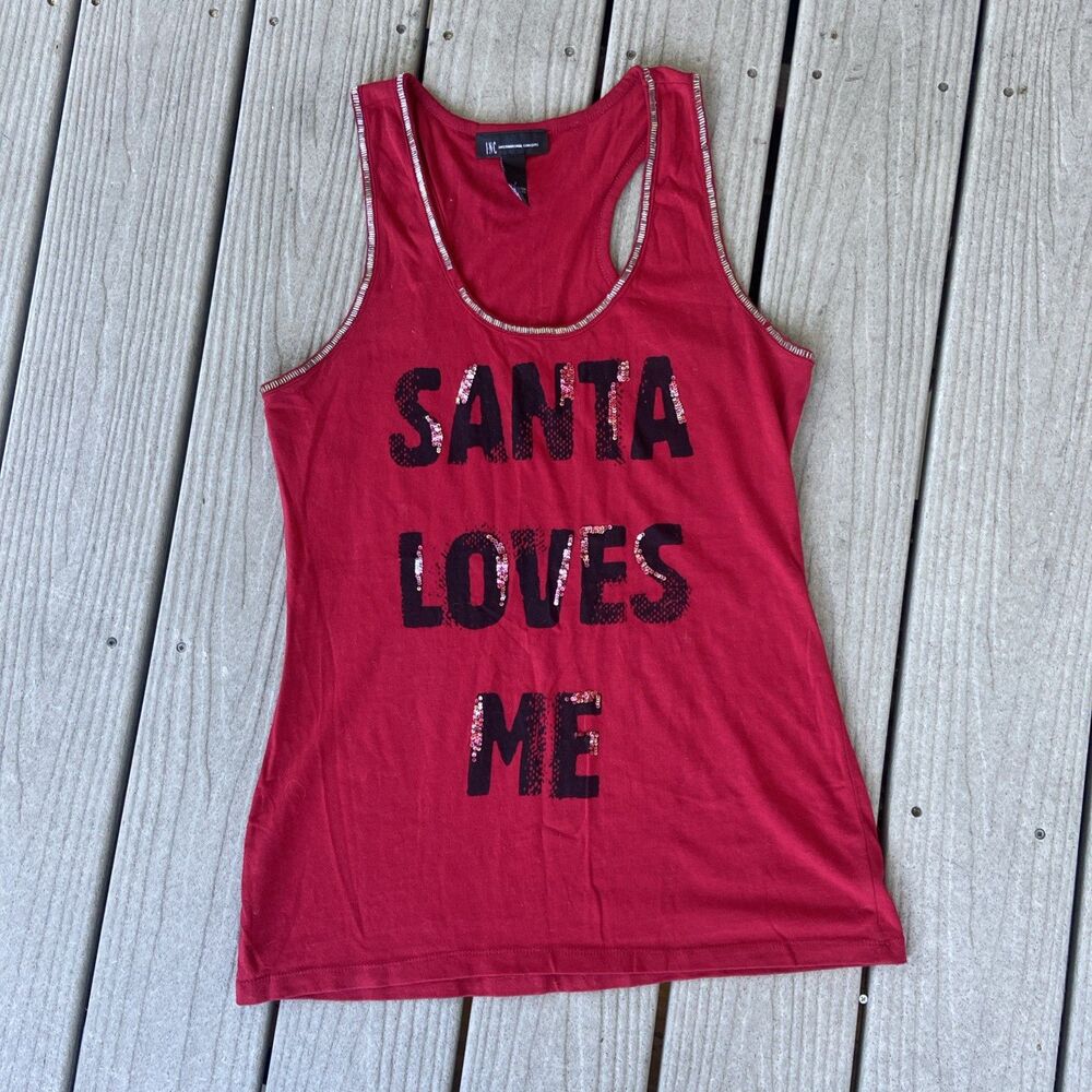INC Red Sequin Santa Loves Me Racer Back Tank Top Women’s Size Large
